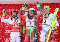 Marcel Hirscher (AUT) mit Henrik Kristoffersen (NOR) und Daniel Yule (SUI) (c) GEPA